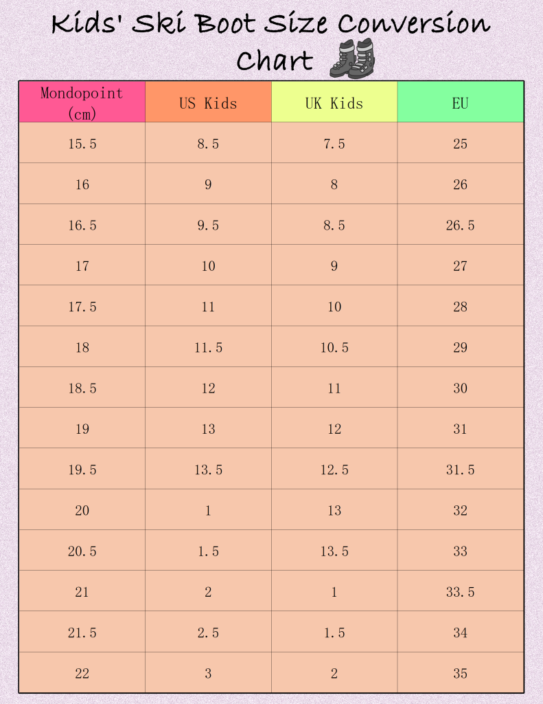 Convert Ski Boot Sizes with this Conversion Chart for US, UK, EU, and Mondopoint Sizes Printable