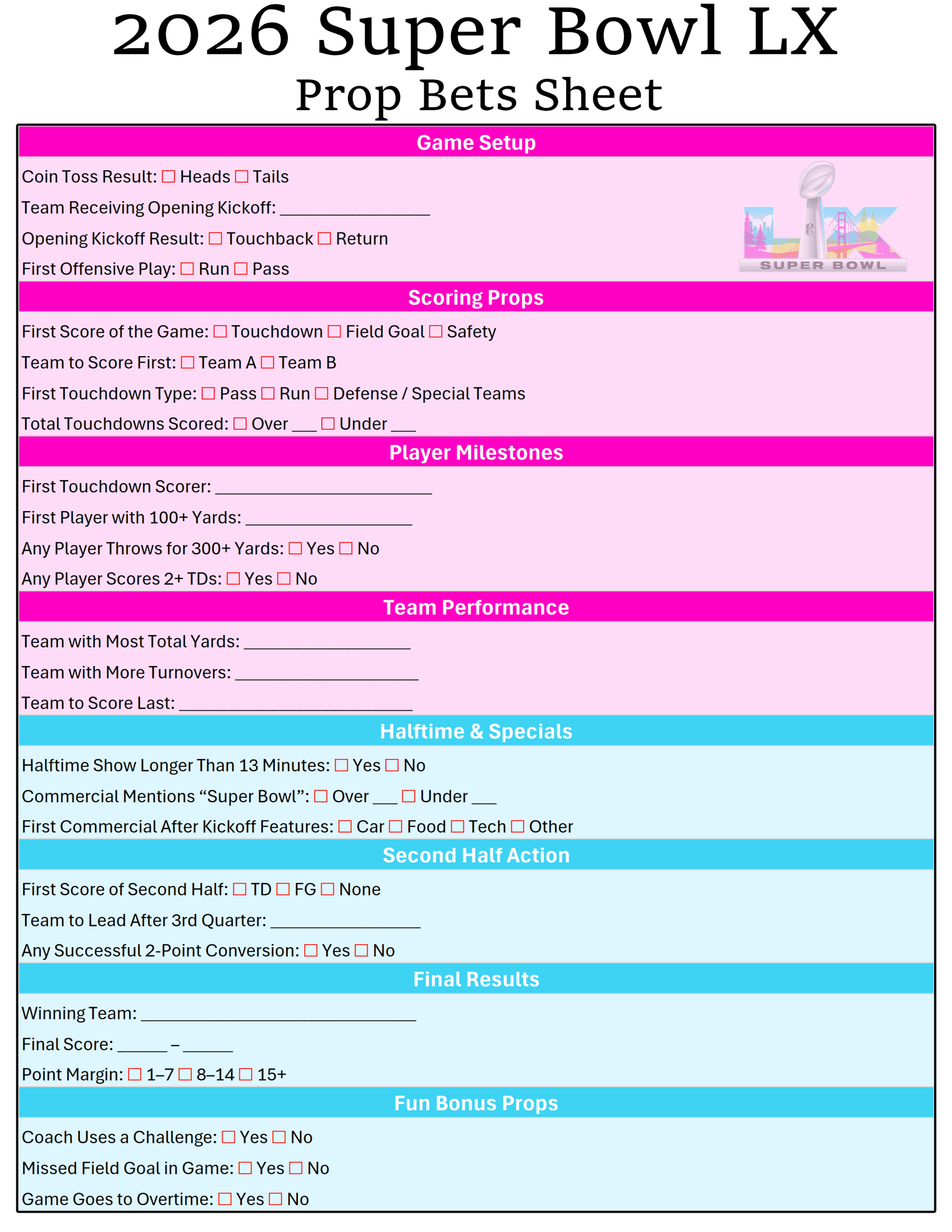 2026 Super Bowl LX Prop Bets Sheet for the Big NFL Game - Printerfriendly