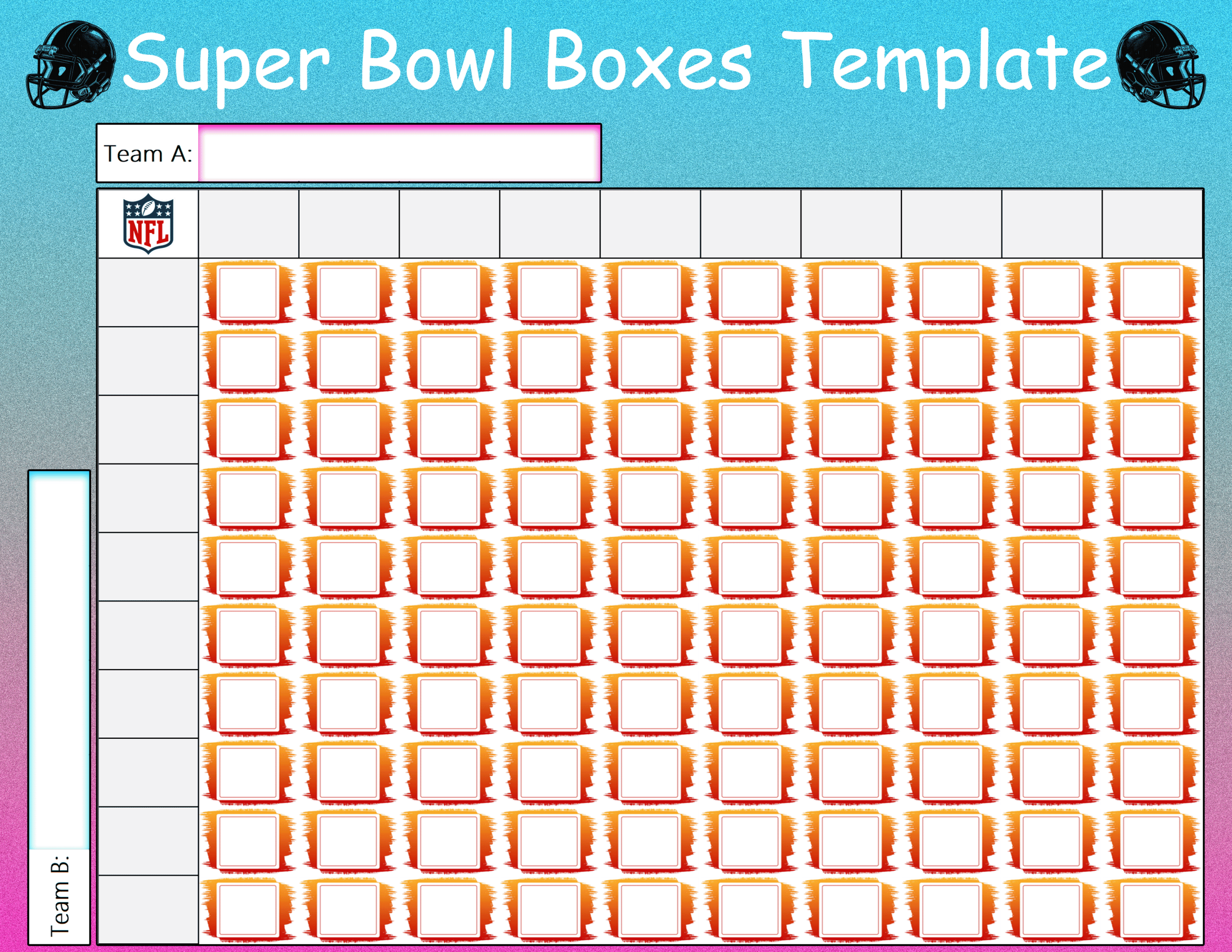 Free printable colorful NFL Super Bowl squares template with "Team A" and "Team B" fields.