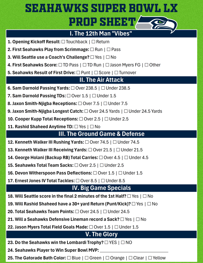 Seahawk Photo Prop Printable Seattle Seahawks Prop Bets Sheet for Super Bowl LX ...