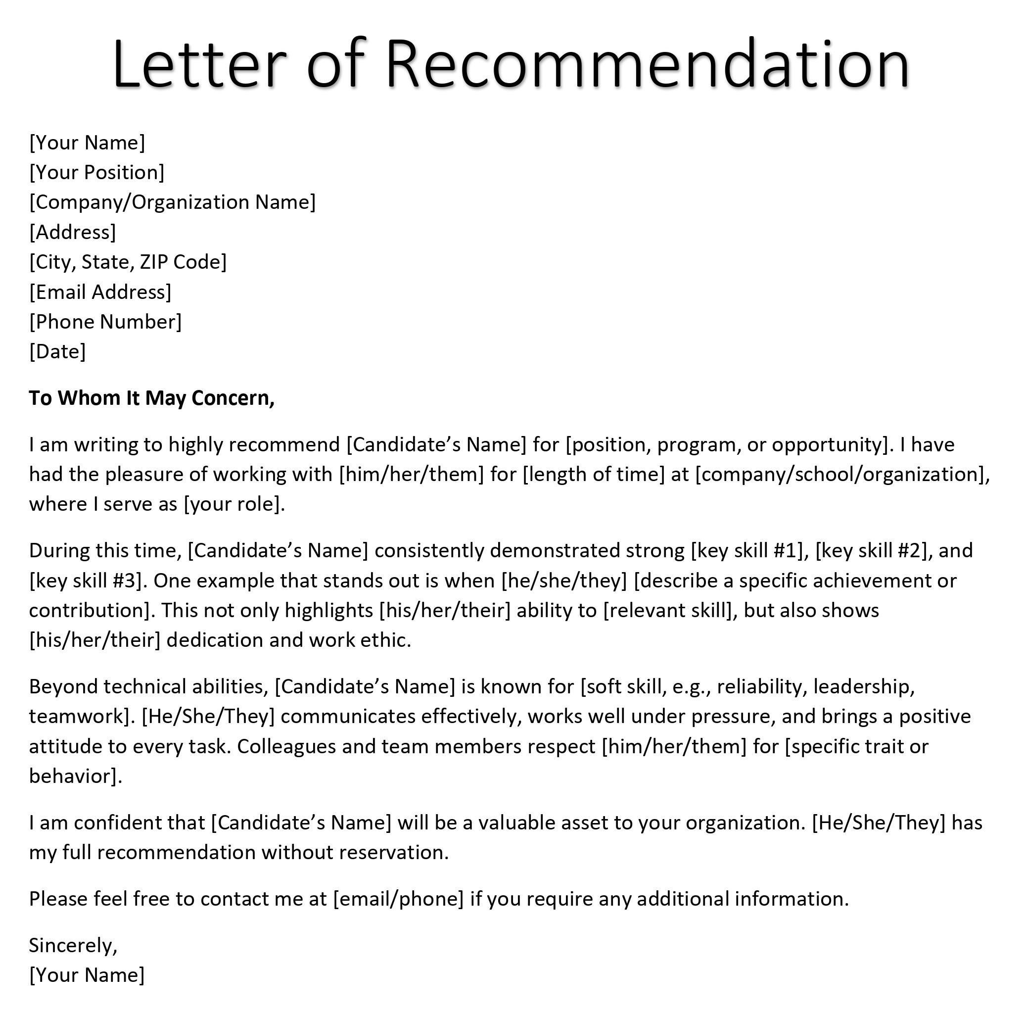 Sample Letter of Recommendation, Example Reference Letters for Any ...