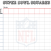 A printable Super Bowl squares bracket featuring the NFL shield logo, a Lombardi trophy icon, and color-coded red and blue headers for team names and score digits.