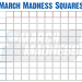 A 10x10 blue and red Printable March Madness squares grid with a basketball icon and "March Madness" header.