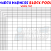 A blue and red March Madness block pool template with a 100-square grid and a basketball icon.