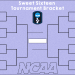 A purple-themed Sweet 16-team bracket for the NCAA tournament, featuring a dark blue NCAA logo and a central winner's box.