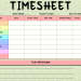 A colorful free printable timesheets resource with a green textured background and a specific section for task breakdowns.