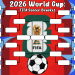 Colorful 2026 World Cup soccer tournament bracket with a textured red and blue background, a gold trophy center, and a large soccer ball at the bottom.
