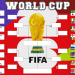 Colorful 2026 World Cup bracket template featuring national team flags, a massive gold FIFA trophy graphic in the center, and vibrant red, blue, green, and yellow background blocks.