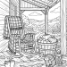 Detailed fall coloring sheet of a cozy wooden porch with a rocking chair, plaid blanket, apple basket, and a hedgehog wearing a scarf.
