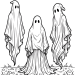 Three creepy draped spectral figures on a printable ghost template for Halloween decor.