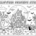 Detailed landscape printable Halloween coloring sheet showing a moonlit haunted house, a black cat sitting by a picket fence, and spooky carved pumpkins.