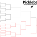 Blank 16-player double-elimination pickleball bracket template featuring black upper winner's bracket lines, red lower loser's bracket lines, and a pickleball paddle graphic.