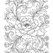 Detailed line art of a central peony bloom with ornate vines on an intricate free floral coloring page for adults.