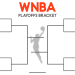 Free printable split 2026 WNBA playoff bracket design with a grey female basketball player silhouette in the center.