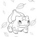 Black and white line drawing of Bulbasaur, a Pokémon with a bulb on its back, surrounded by falling leaves.