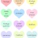 Colorful printable conversations hearts with uplifting messages like 'The best,' 'One of a kind,' and 'Grateful,' arranged in a grid.